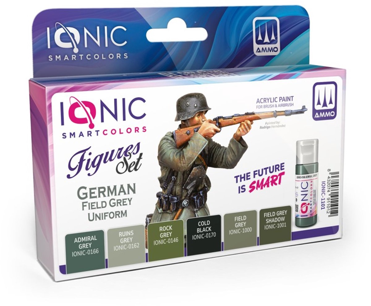 AMMO by Mig Jimenez Hobbyverf Acrylverf - MIG IO1101 Ionic Smart Colors - WWII German Field Grey Uniform Kleurenset - Acryl Set 6x20ml Verf set - 6x 20 ml