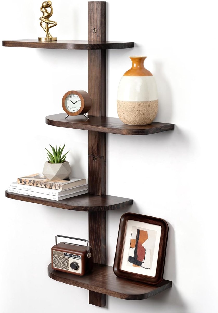 Wandplank Vintage Hout, 4 Etages - Verticaal Zwevend Plank Bruin met Afgeronde Hoeken, Ruimtebesparend, Wanddecoratie voor Badkamer, Keuken, Woonkamer
