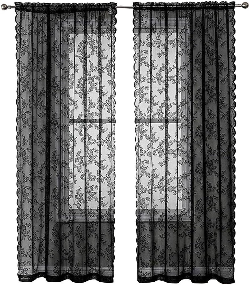 2 stuks kanten gordijnen, decoratieve gordijnen met bloemenpatroon, transparante verduisterende gordijnen voor keuken, woonkamer, luchtige dekoschaal voor slaapkamer, huisdecoratie, zwart