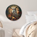 Cercle mural rond avec une image détaillée d'un hibou des marais au milieu de fleurs colorées aux teintes d'automne.