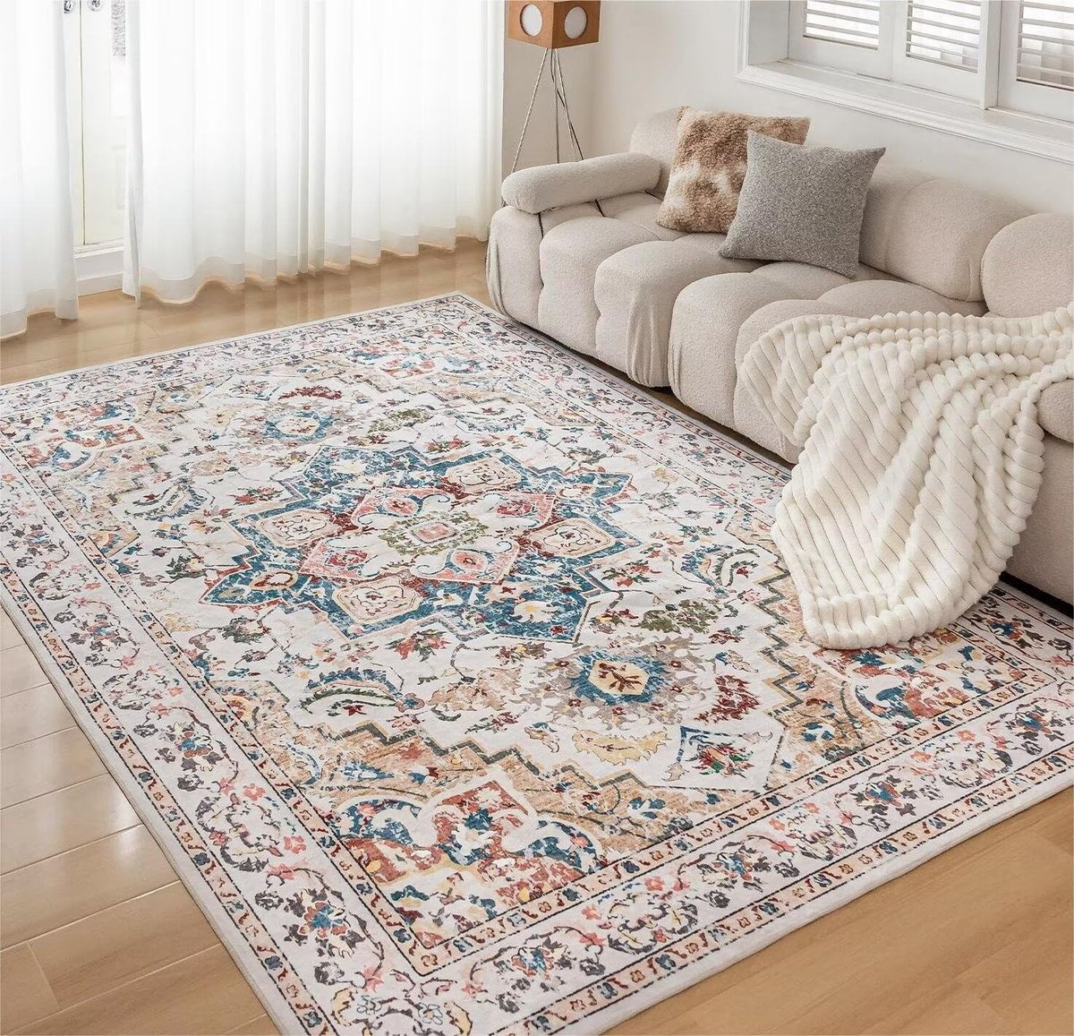 Tapijten voor de woonkamer en slaapkamer, groot wasbaar laagpolig tapijt, modern vintage klassieke stijlen, antislip boho-stijl, machinewasbaar wol, beige