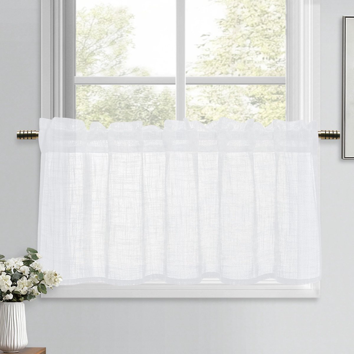 Witte vitragegordijnen met linnenlook, halftransparant, gordijnen, kort, 1 stuk, H45xB120cm, moderne raamgordijnen voor keukengordijnen, woonwagen, kastgordijn, woonkamer, bistrogordijn, landhuis
