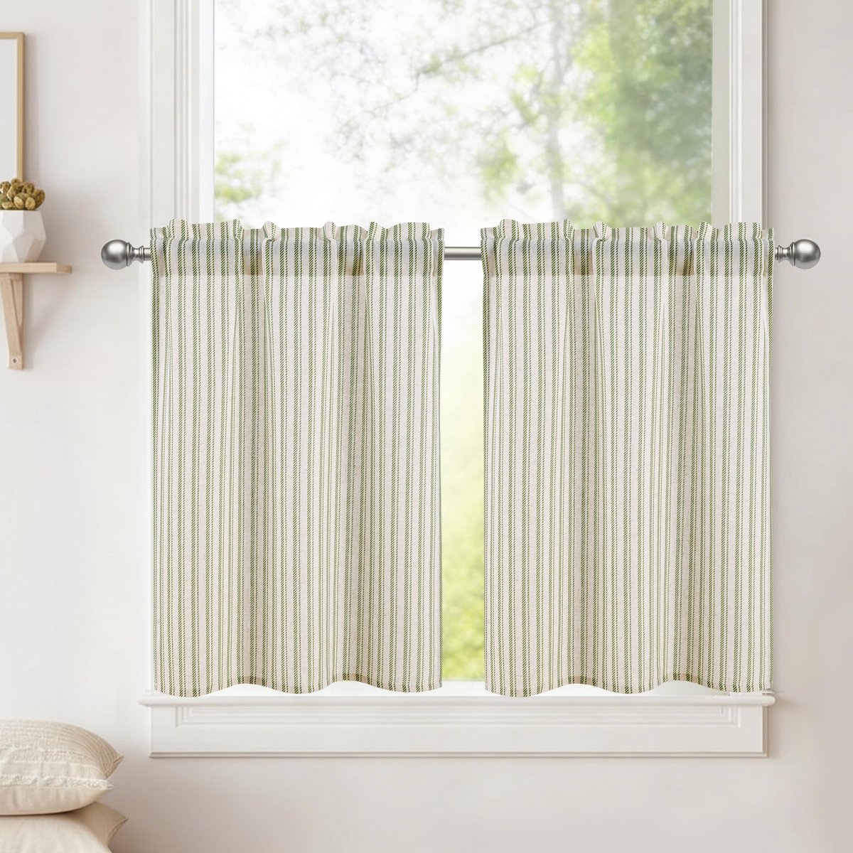 Keukengordijnen Gestreept Groen - Vitrage Gordijnen - Bistro Decoratie - Linnenlook Polyester - 45 x 90 cm - Groen Gestreept