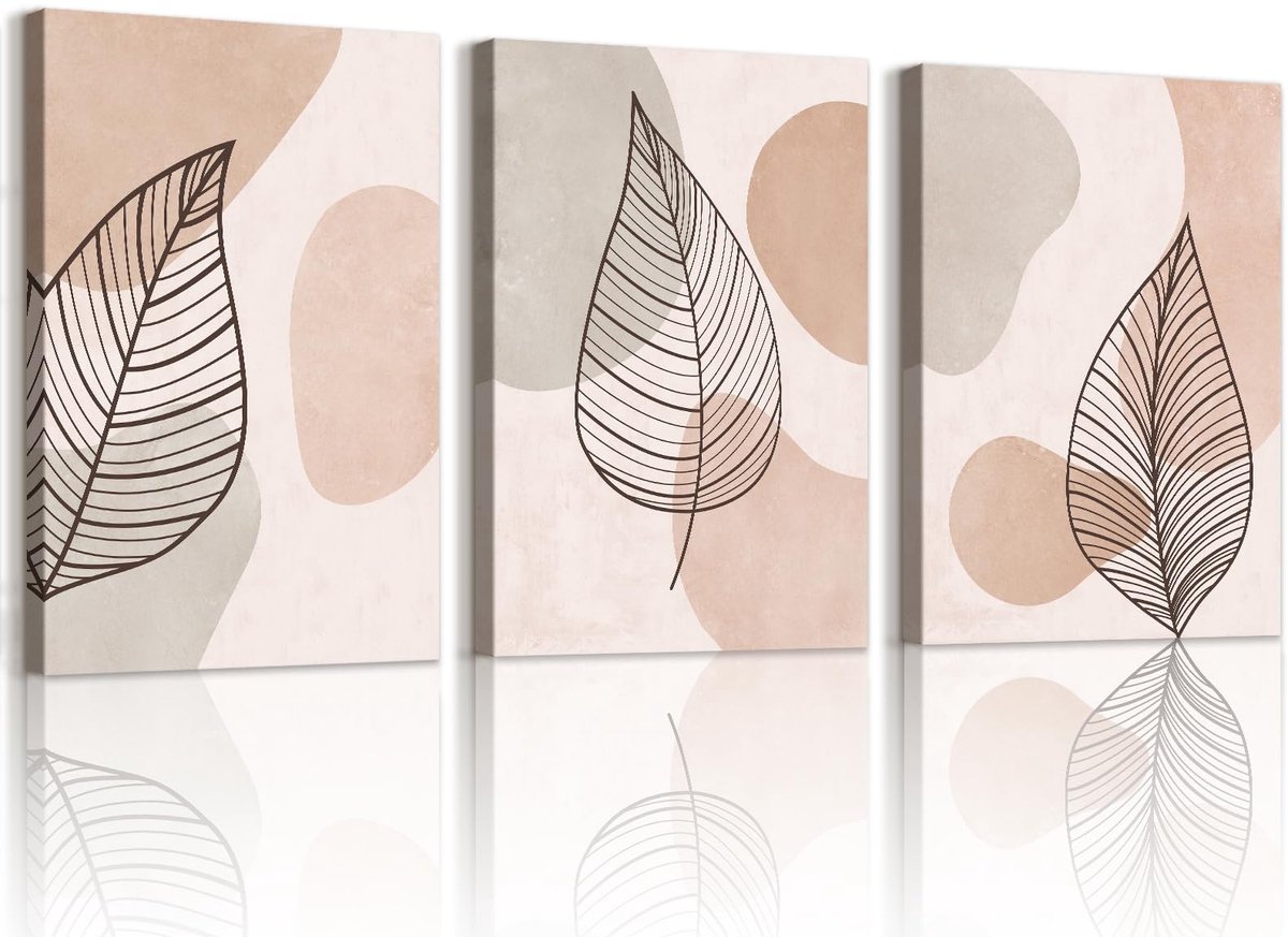 Set van 3 Abstracte Bladeren Canvas Muurkunst Afdrukken Ingelijst Foto's Boho Minimalistisch Esthetisch Schilderij op Canvas voor Moderne Woonkamer Slaapkamer Home Wanddecoratie 30x40cmx3