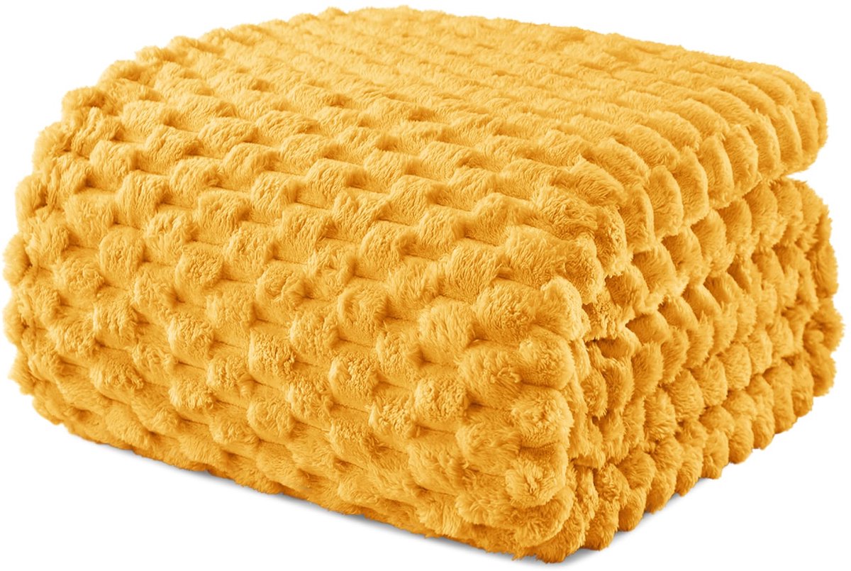 Mezcla Knuffeldeken, fleecedeken, wollige bankdeken, jacquard-sprei, warm en licht, voor het hele seizoen, mosterdgeel