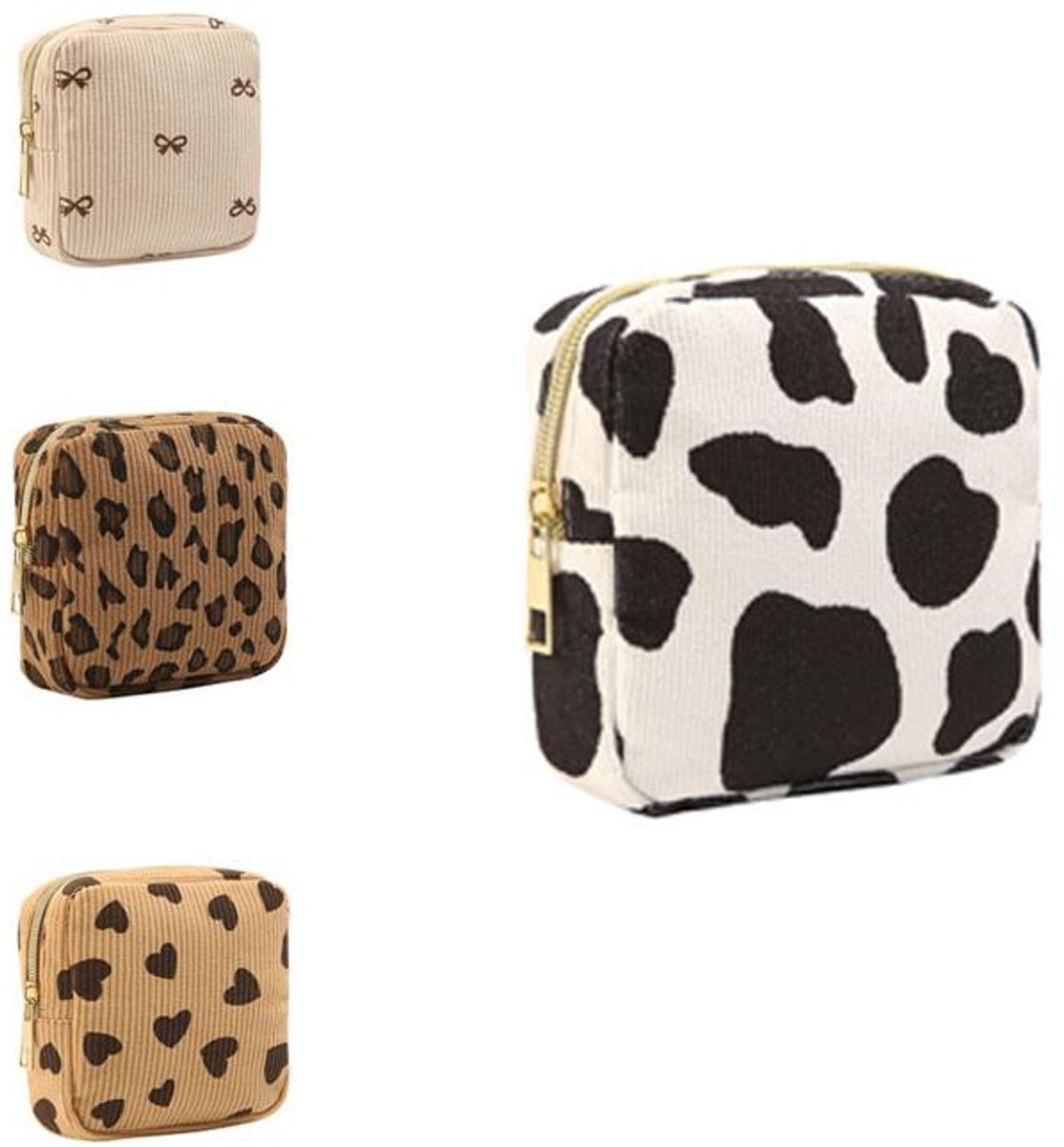 KZQ Mini Make-up Tasje - Corduroy materiaal met strik en ritssluiting - Compact en draagbaar, perfect voor het opbergen van cosmetica, maandverband, etc. - Ideaal voor op reis en dagelijks gebruik - Zwart en wit