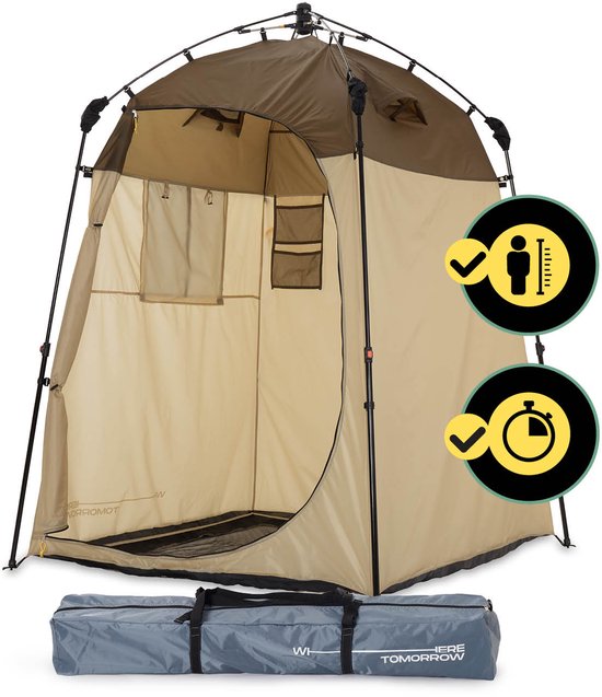 Bruine en beige vrijstaande tent met gesloten deur, inclusief draagtas en afmetingenindicatie.