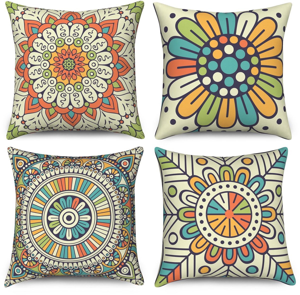 kussenslopen 45 x 45 cm set van 4, retro kleurrijke mandala, bloemen, Boheemse decoratieve kussenhoezen hippie esthetische kunst linnen kussenslopen voor sofa bank tuin buiten