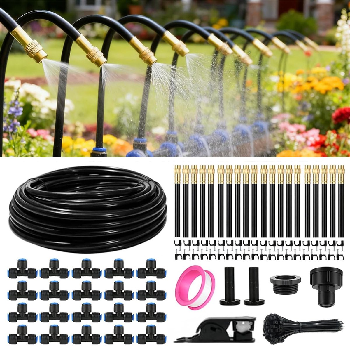 irrigatiesysteem voor de tuin, druppelirrigatie, 20 m, micro-irrigatiesysteem met verstelbaar mondstuk, 360 graden sproeier en druppelaar, voor tuin, kas, gazon, binnenplaats, terras