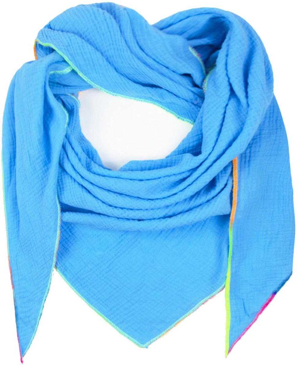 Damessjaal XXL driehoekige sjaal voor dames, driehoekige sjaal, halsdoek, katoen, mousseline, sjaal, poncho, zonder krassen op de huid, gemaakt in Italië, 135 cm x 135 cm x 220 cm, lichtblauw,