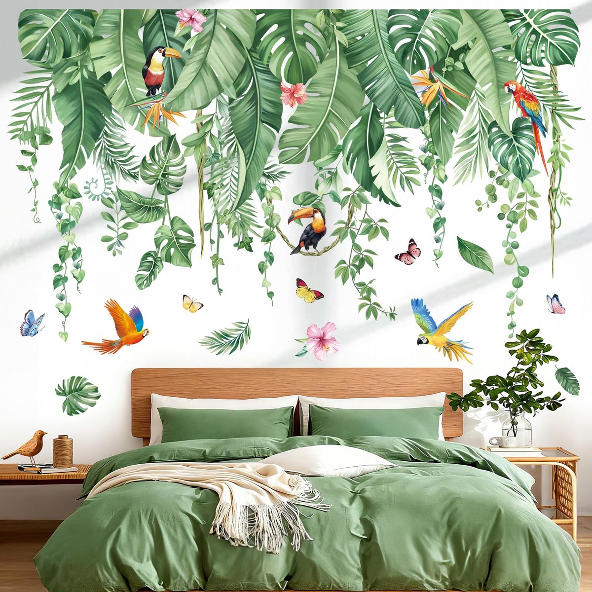 decalmile Grote Tropische Jungle Bladeren Muurstickers Palmblad Opknoping Wijnstokken Groene Planten Muurstickers Woonkamer Tv Achtergrond Slaapkamer Home Decor