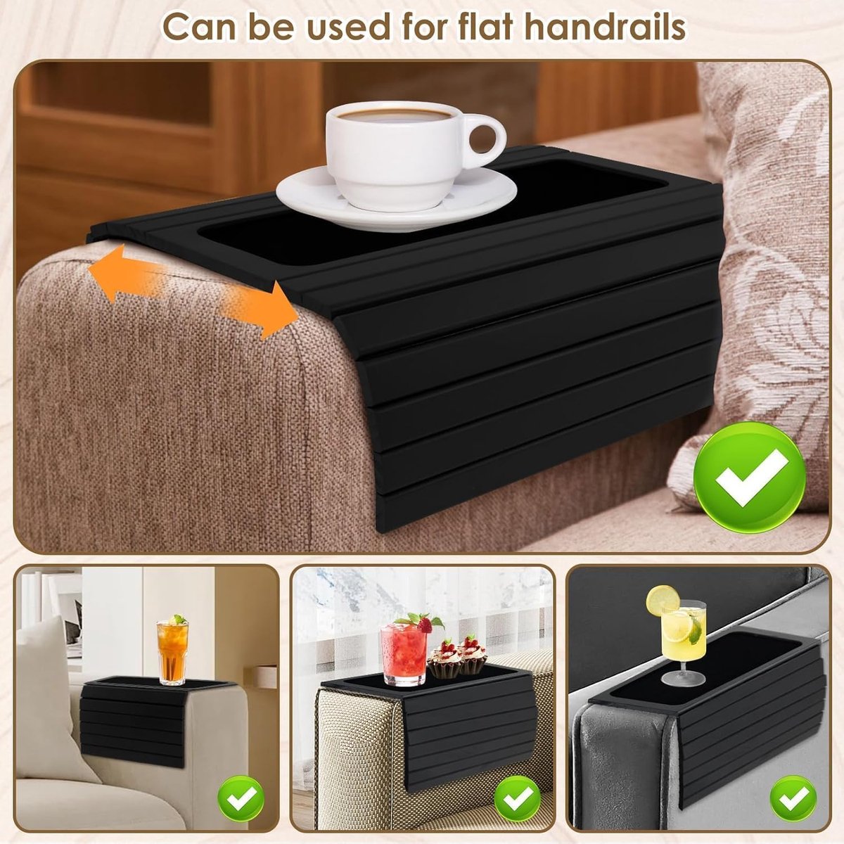 arm Tray Table (zwart) – Opvouwbare Houten Bankleuningtafel met Vilten Onderzijde, Antislip Bankleuningtafel voor Snacks, Drankjes & Afstandsbediening – voor Vierkante & Middelbrede Bankl