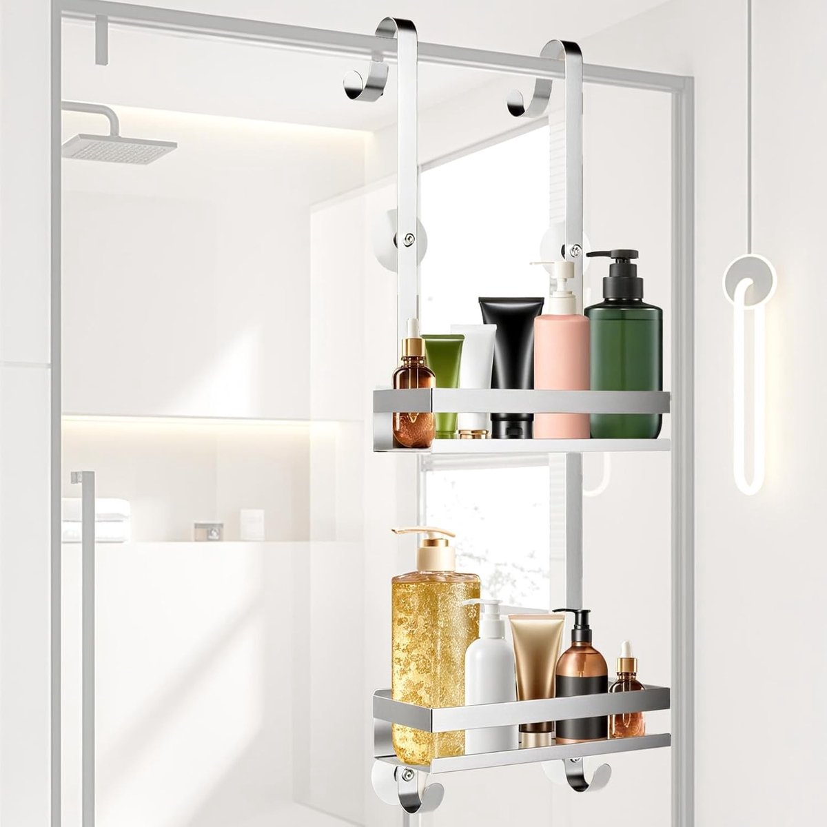 Hanging Shower Shelf, Shampoo Holder voor Badkamer, Geen Boren Nodig, RVS Organizer met 2 Mandjes en 2 Haken, Ruimtebesparend en Duurzaam