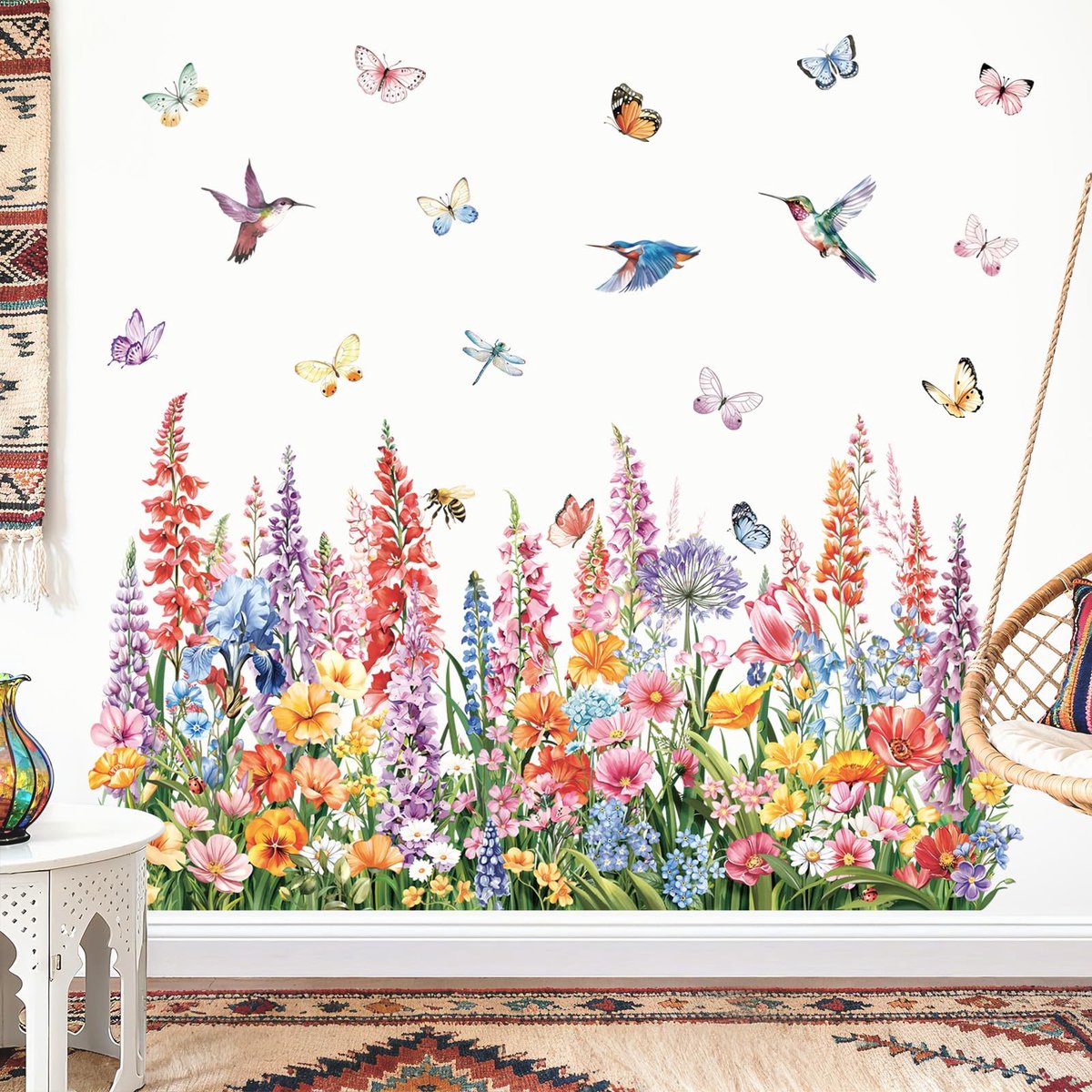 decalmile Muurtattoo bloemen kleurrijk groen gras muursticker wilde bloemen bloemenweide planten vlinders muurstickers kinderkamer woonkamer slaapkamer bank achtergrond wanddecoratie