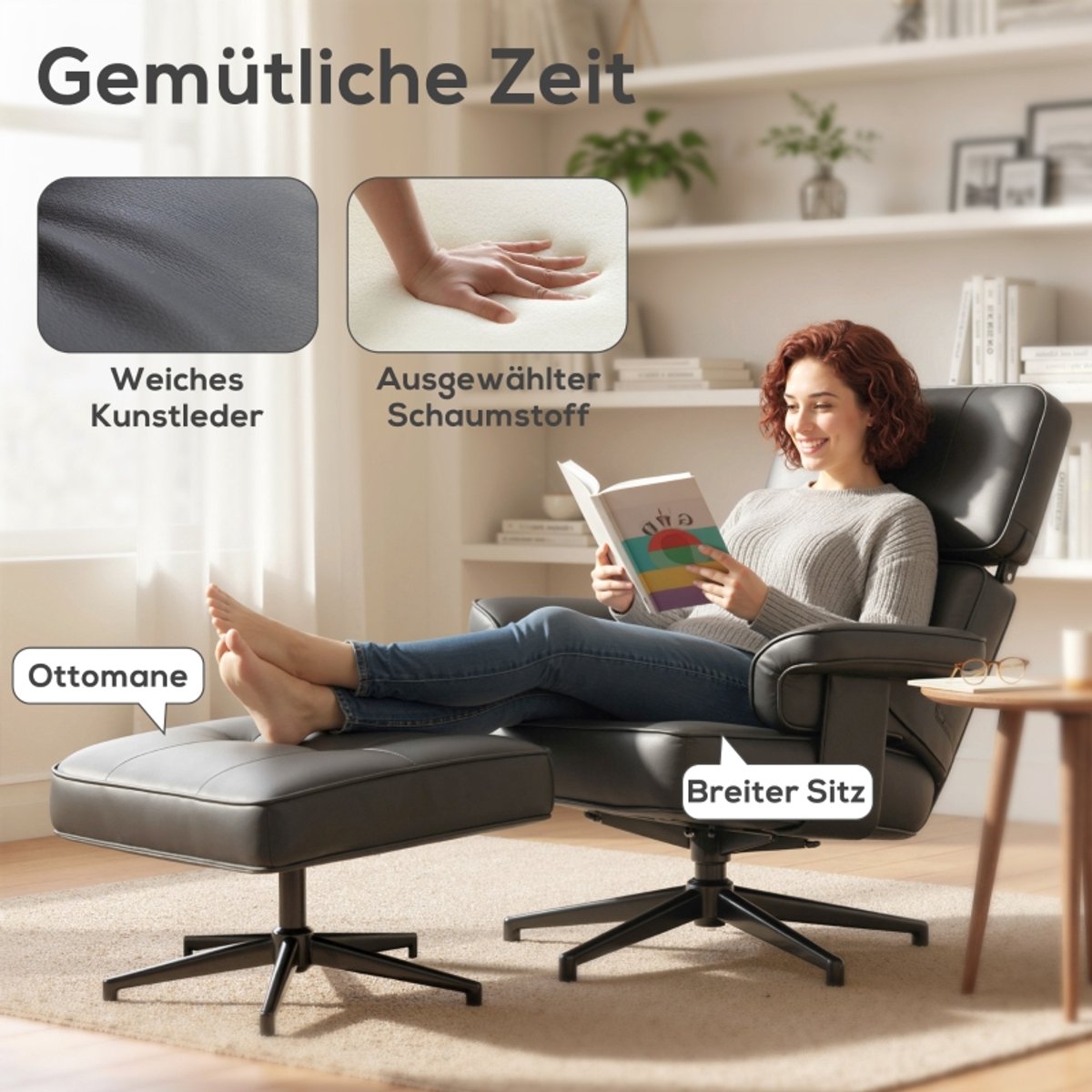 HAUSS SPOLE Relaxfauteuil Met Hocker Verstelbare Hoofdsteun Kunstleer Metalen Voet Met Armleuningen Voor Woonkamer En Ontspanning Zwart