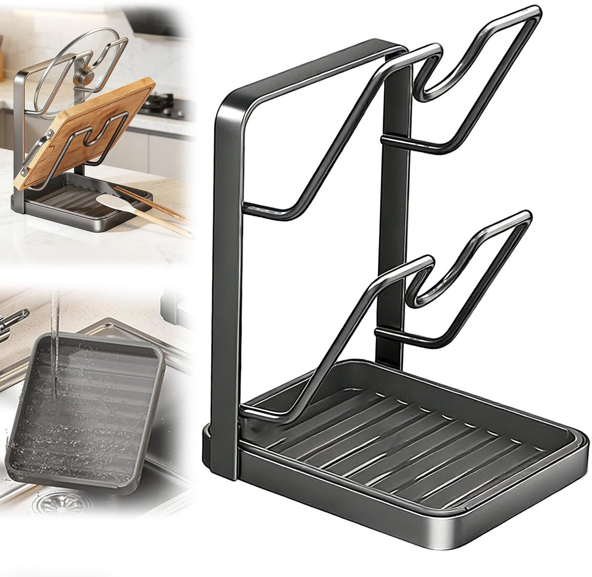 Pot Lid Storage Rack, pannenluchtjes organizer keukenrek, pannenluchtjeshouder met lepelhouder, 2-in-1 opbergrek voor keukenpannenluchtjes, voor pannenluchtjes van 16-34 cm (A)