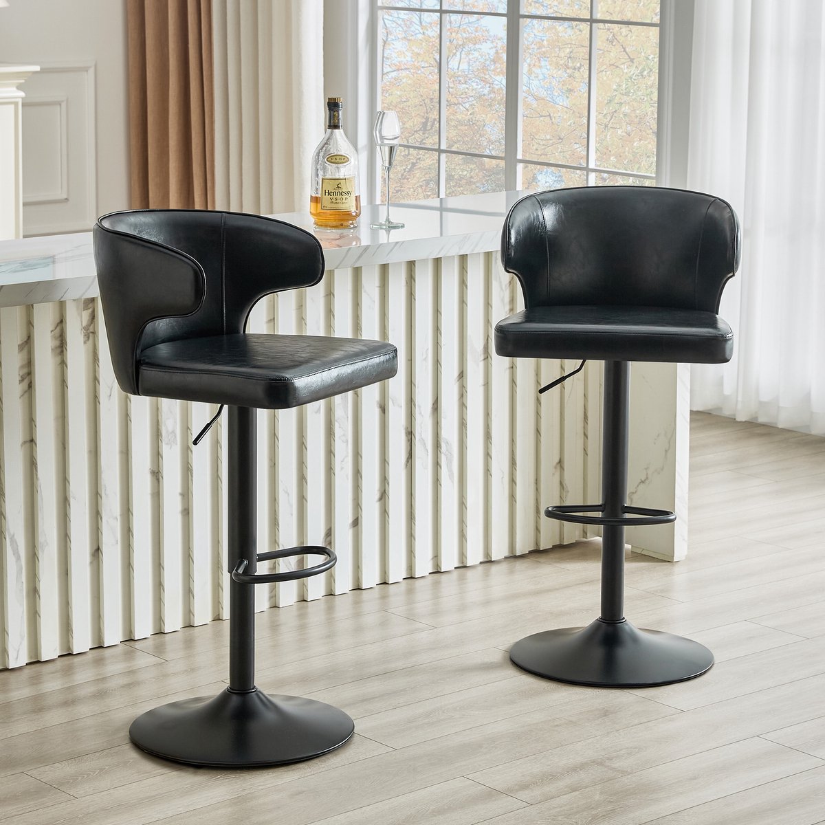HAUSS SPOLE Barkruk - Set Van 2 - Hoogteverstelbaar En 360 Graden Draaibaar Met Rugleuning En Voetensteun - Voor Keuken En Bar - Kunstleer Zwart Black