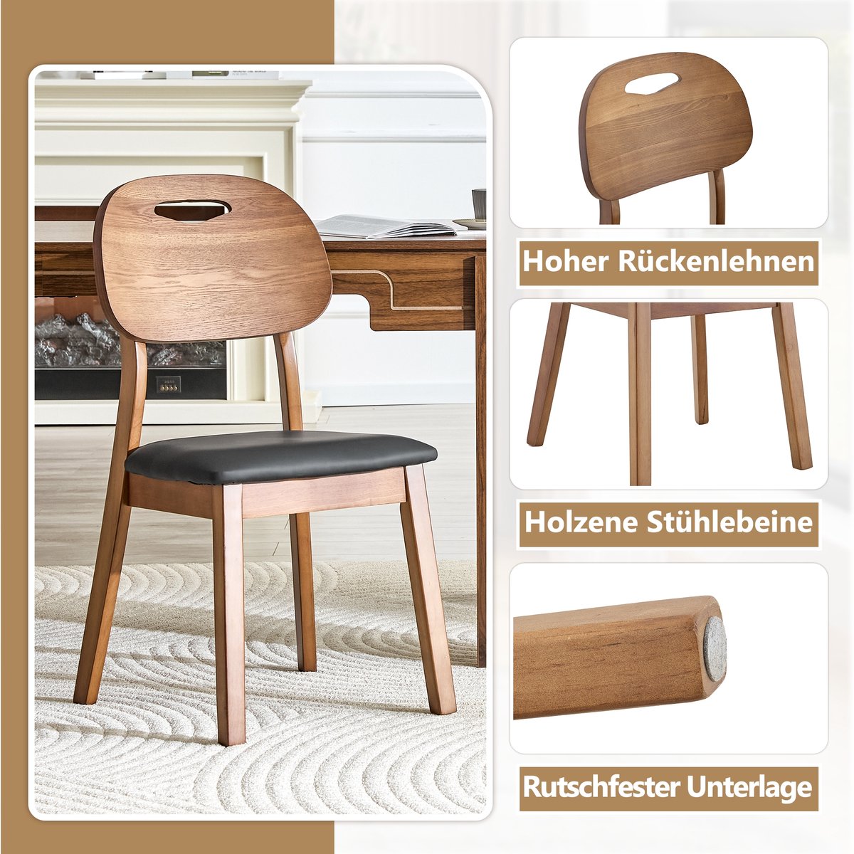 HAUSS SPOLE Eetkamerstoel - Set Van 2 - Ovale Rugleuning Met Handgreep - Gepolsterde Zitting - Voor Eetkamer En Woonkamer - Hout Zwart Black