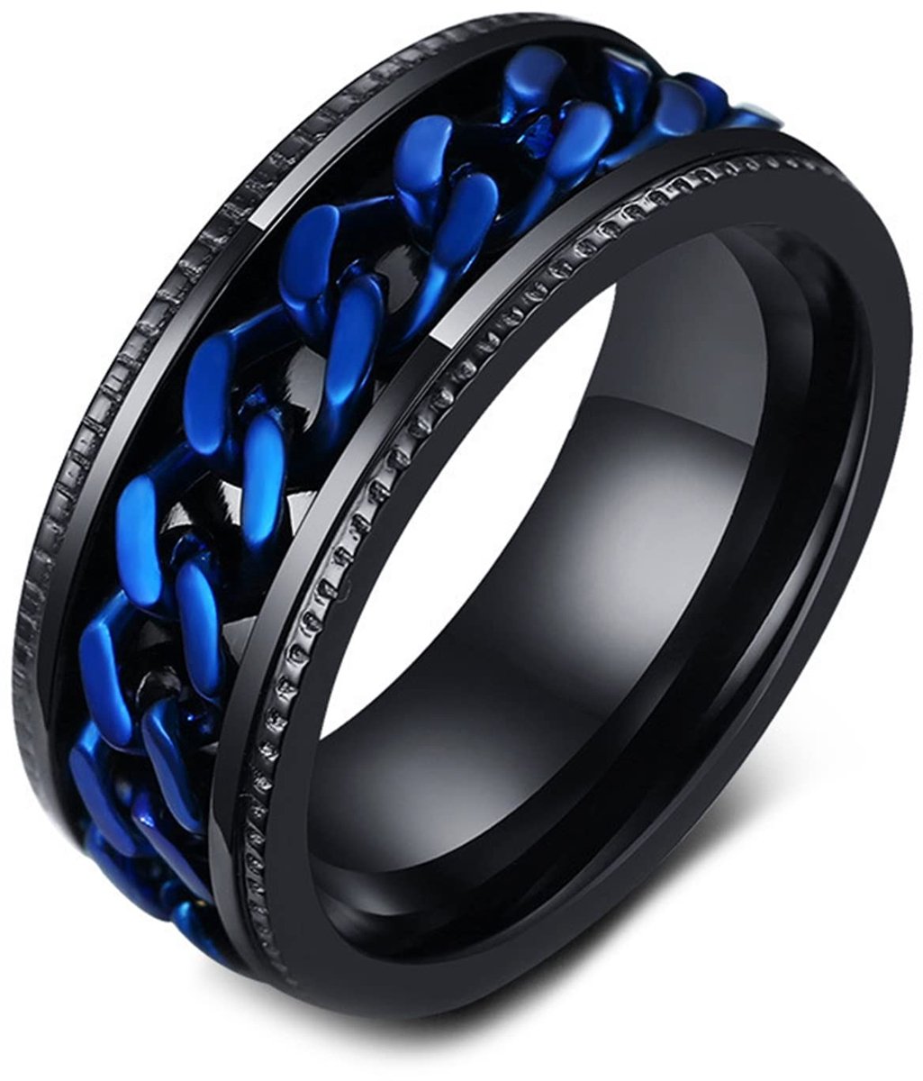 Draaibare ringketting, zilver/zwart/blauw, voor heren, roestvrij staal, anti-stress-ring
