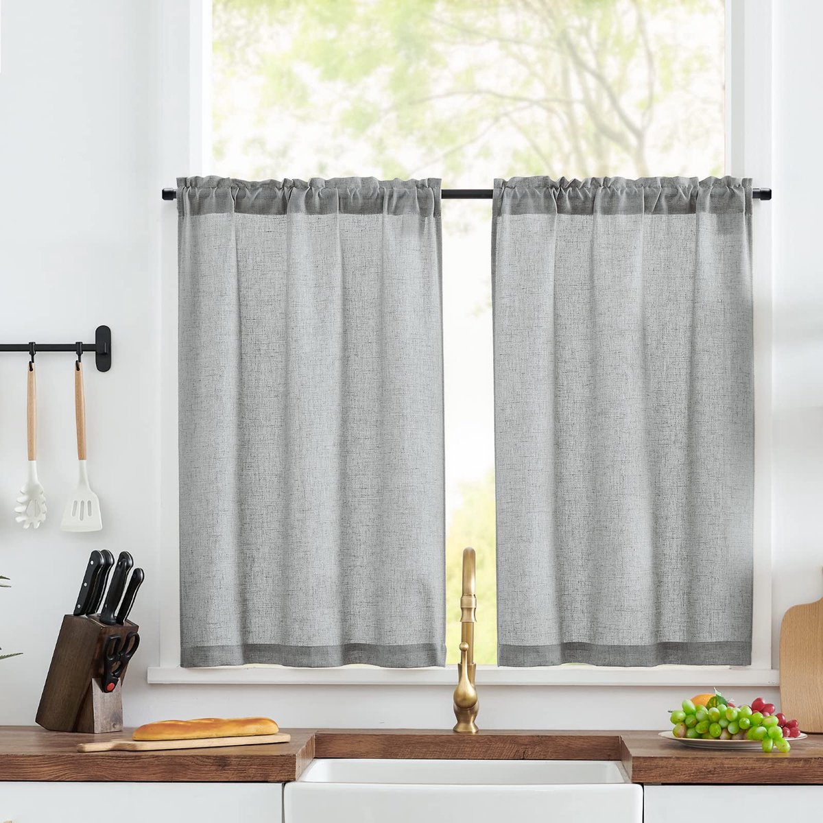 Vitrage, linnen bistrogordijn, halftransparant gordijn, blikdichte vitrage, gaas, sjaal, raamsjaal voor keuken, woonkamer, landelijke stijl, set van 2, 65 x 115 cm (b x h), naturel