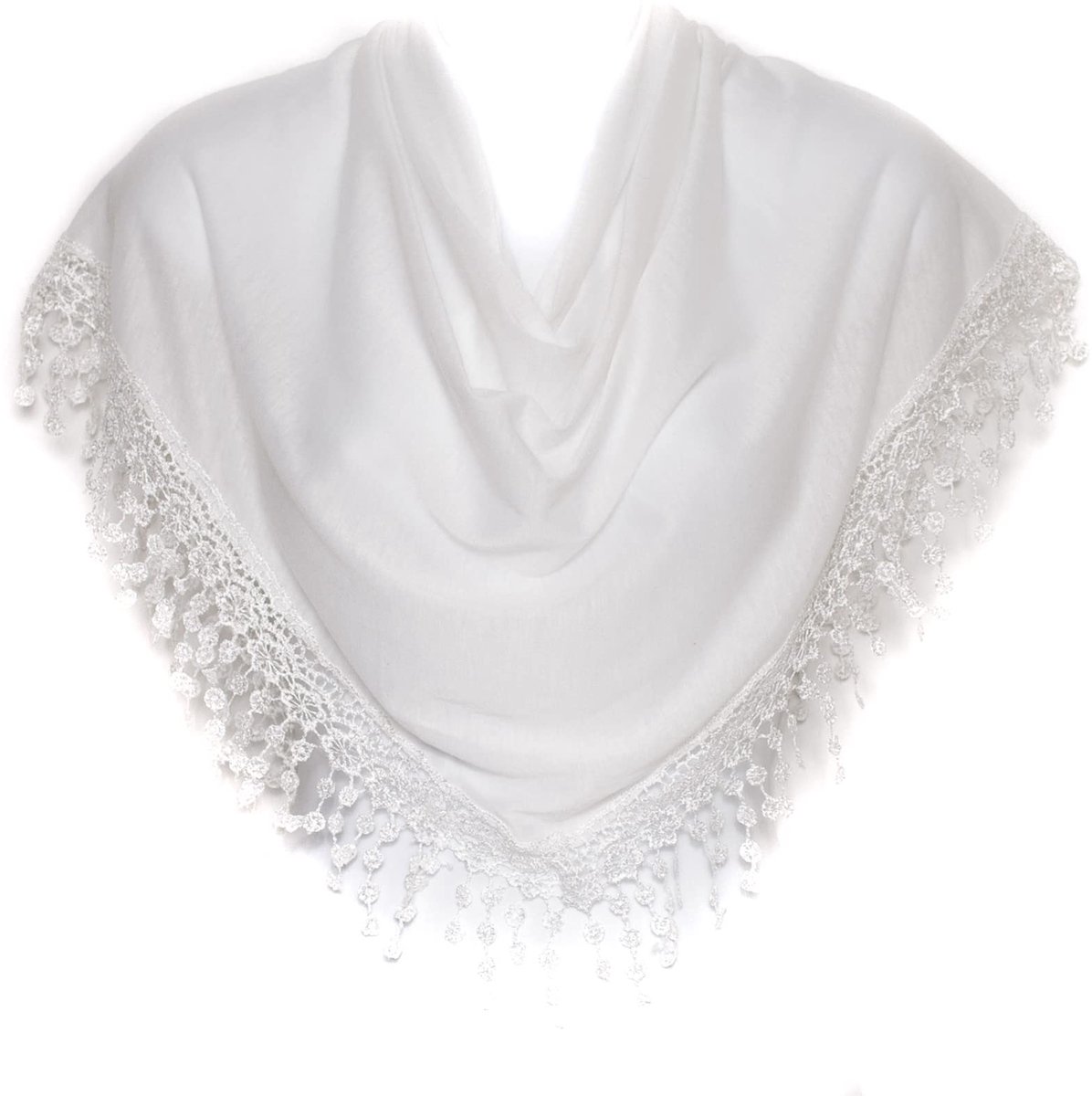 To Socks Dames Driehoek Sjaal - Elegante Omslagdoek met Bobbin Kantfranjes (Wit)