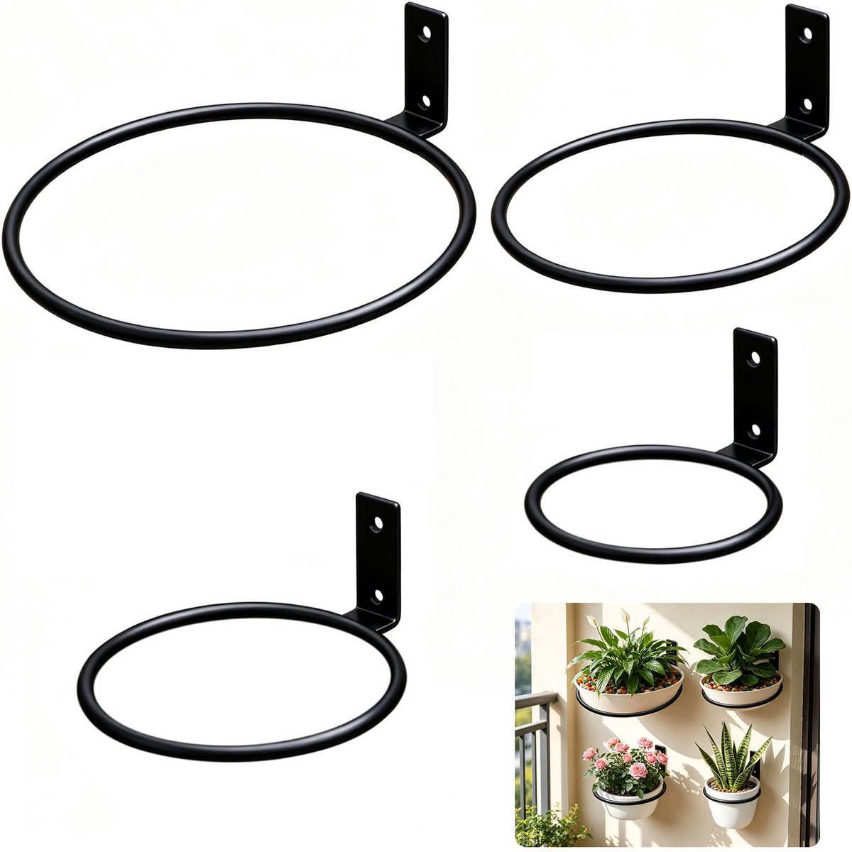 Bloempotten, Metalen Bloempot Houder voor aan de Muur, Plantenring voor Balkon, Tuin en Binnen, Wandmontage Zwart IJzer Inclusief Schroeven (10/13/15/20 cm)