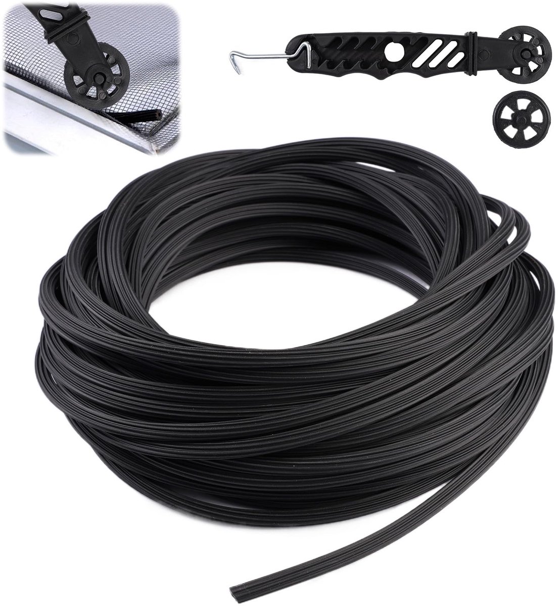 Rubberen Bies, Rubberen Kederband met biesroller, zwarte Ø 5 mm Rubberdraad, Biesrubber,Eenvoudige Installatie,Voor Vliegengaas, Muggengaas,Insectengaas,Reserveonderdeel Accessoires