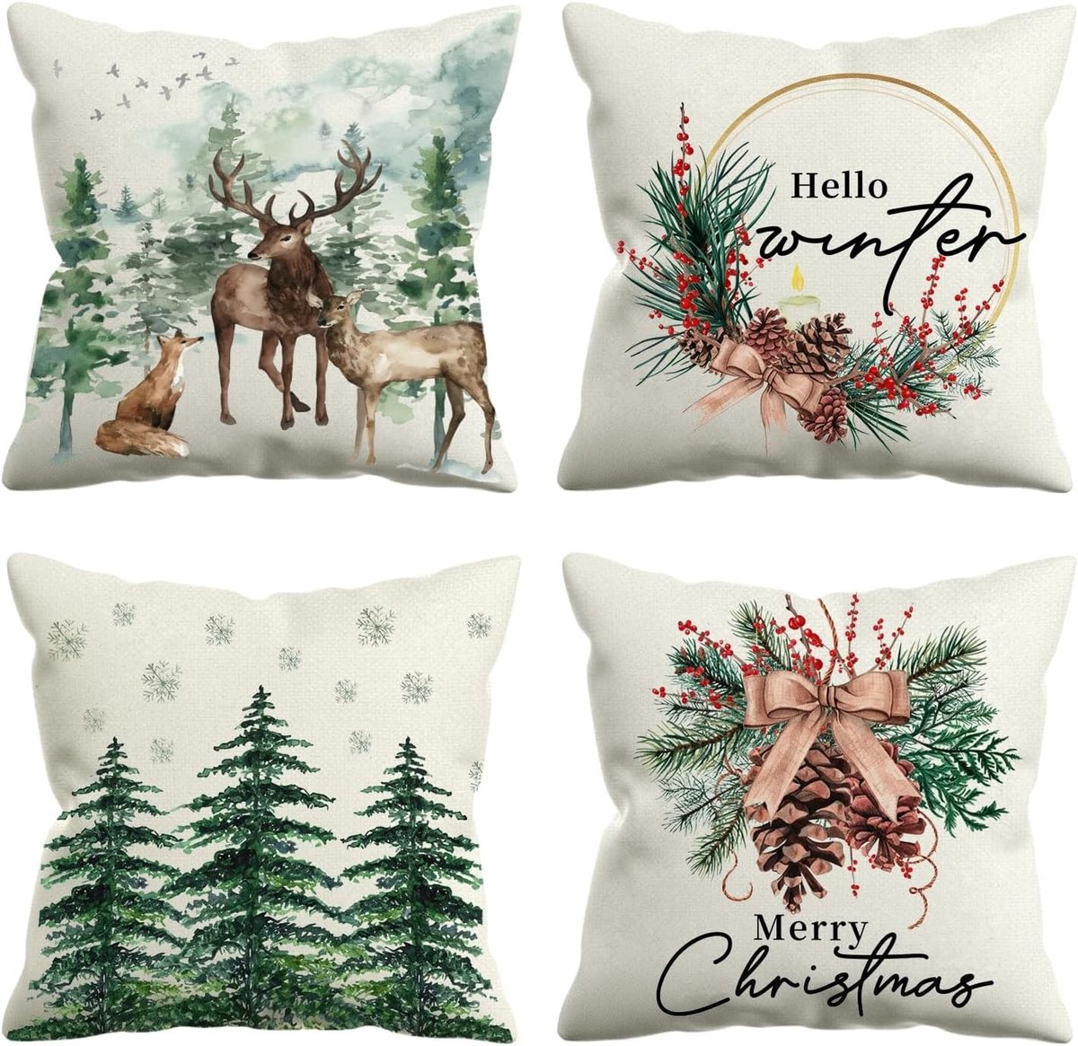 Set van 4 Kerst Kussenhoezen - Ontwerp met Dennenbomen en Rendieren, 45x45cm Decoratieve Kussens voor Bank en Woonkamer, Feestelijke Decoratie en Sfeervolle Accessoires