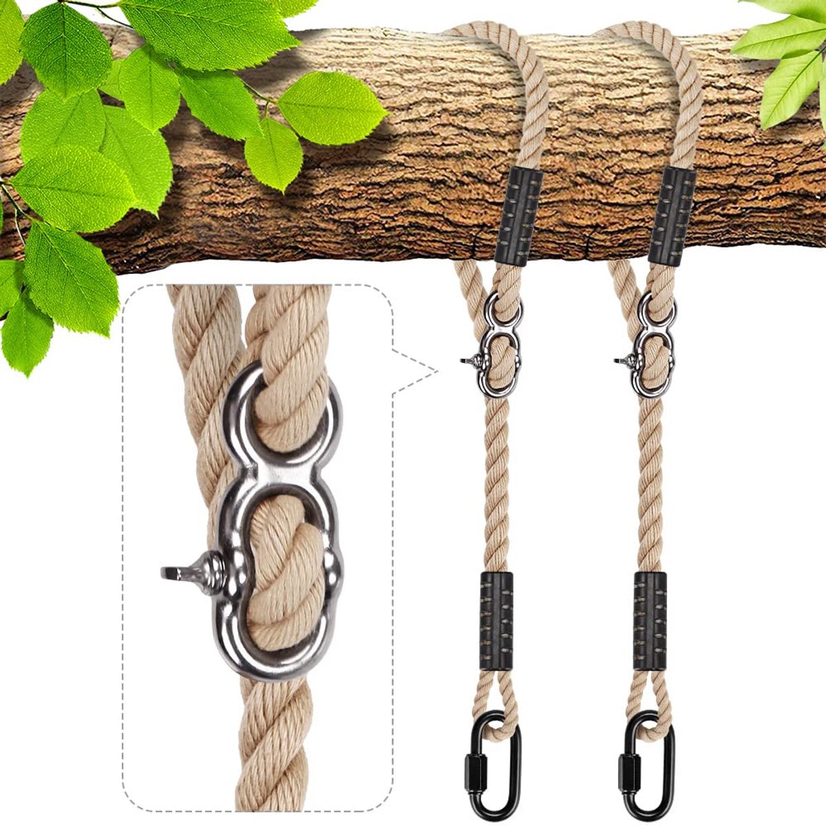 2-delige schommeltouw, 200 cm hangmatriem verstelbaar polyester verlengtouw met karabijnhaak voor ophangstoel boombalk speeltuinset ophangset, 1000 lbs / 10 mm diameter, Off-White