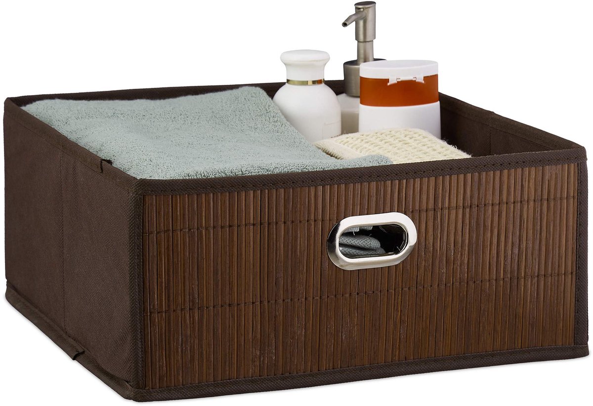 Mand bamboe, badkamer, opvouwbaar, laag, vierkant, stoffen mand, HBD: 14 x 31 x 31 cm, bruin
