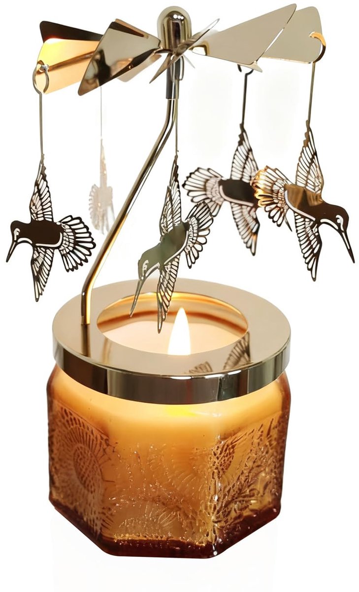 kingnero Lavendel geurkaars, carrousel, roterende kaarsenhouder, spinning, theelicht houder, verjaardagscadeaus voor vrouwen, vriendin, zus, vrouwelijke vrienden, jubileumgeschenken (gouden kolibrie)