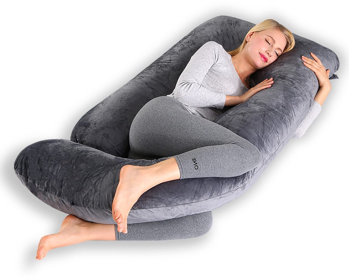 Zwangerschapskussen J-vorm, Borstvoedingskussen XXL-zijslaperkussen met bekleding, Zwangerschapskussen en comfortkussen voor volwassenen - Opvulling van katoen (Donkergrijs, 180×70 cm)