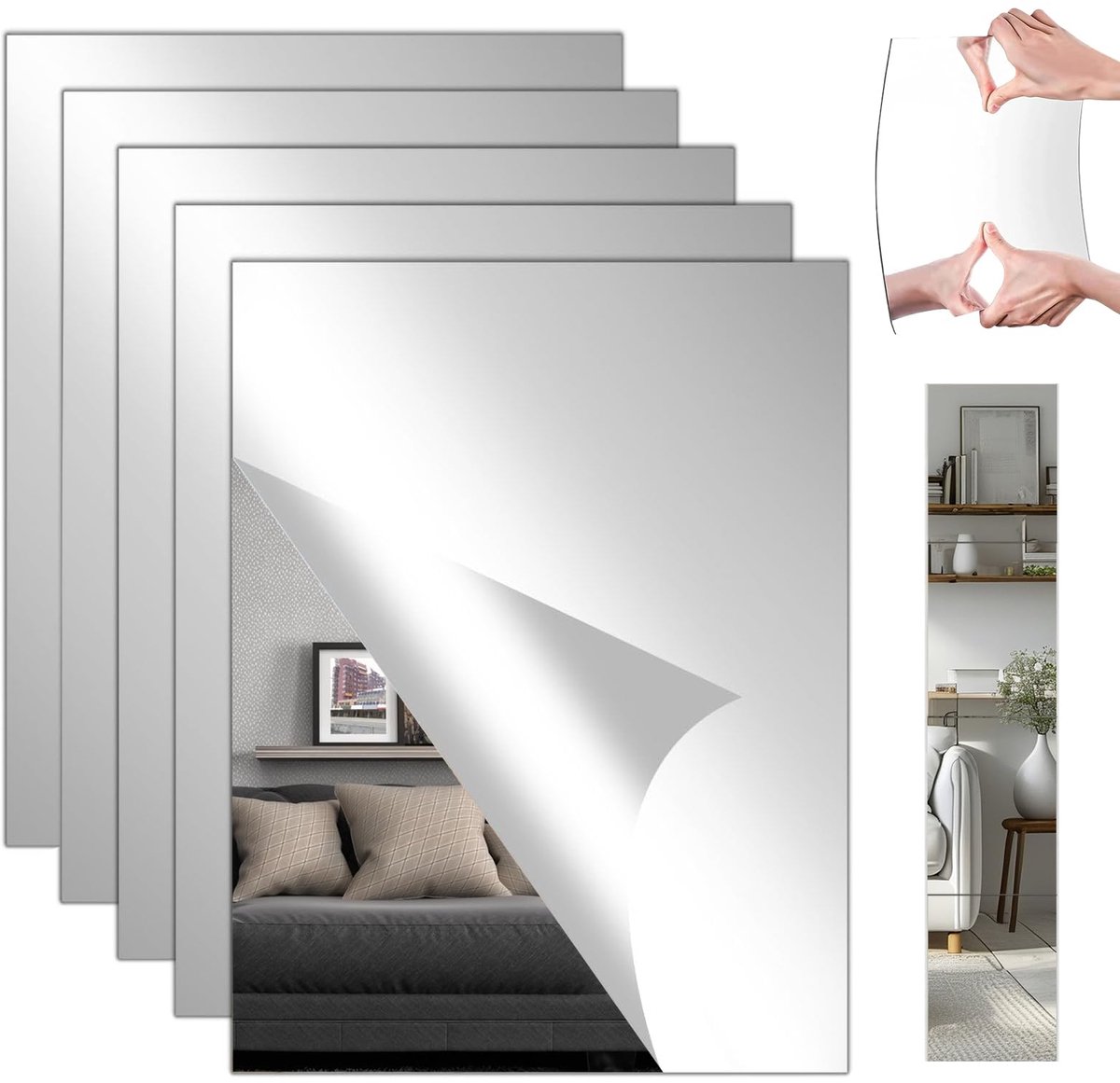 5 stuks, 20 x 30 cm, zelfklevende spiegeltegels, spiegel om te plakken, flexibel, voor badkamer, woonkamer, slaapkamer, kast