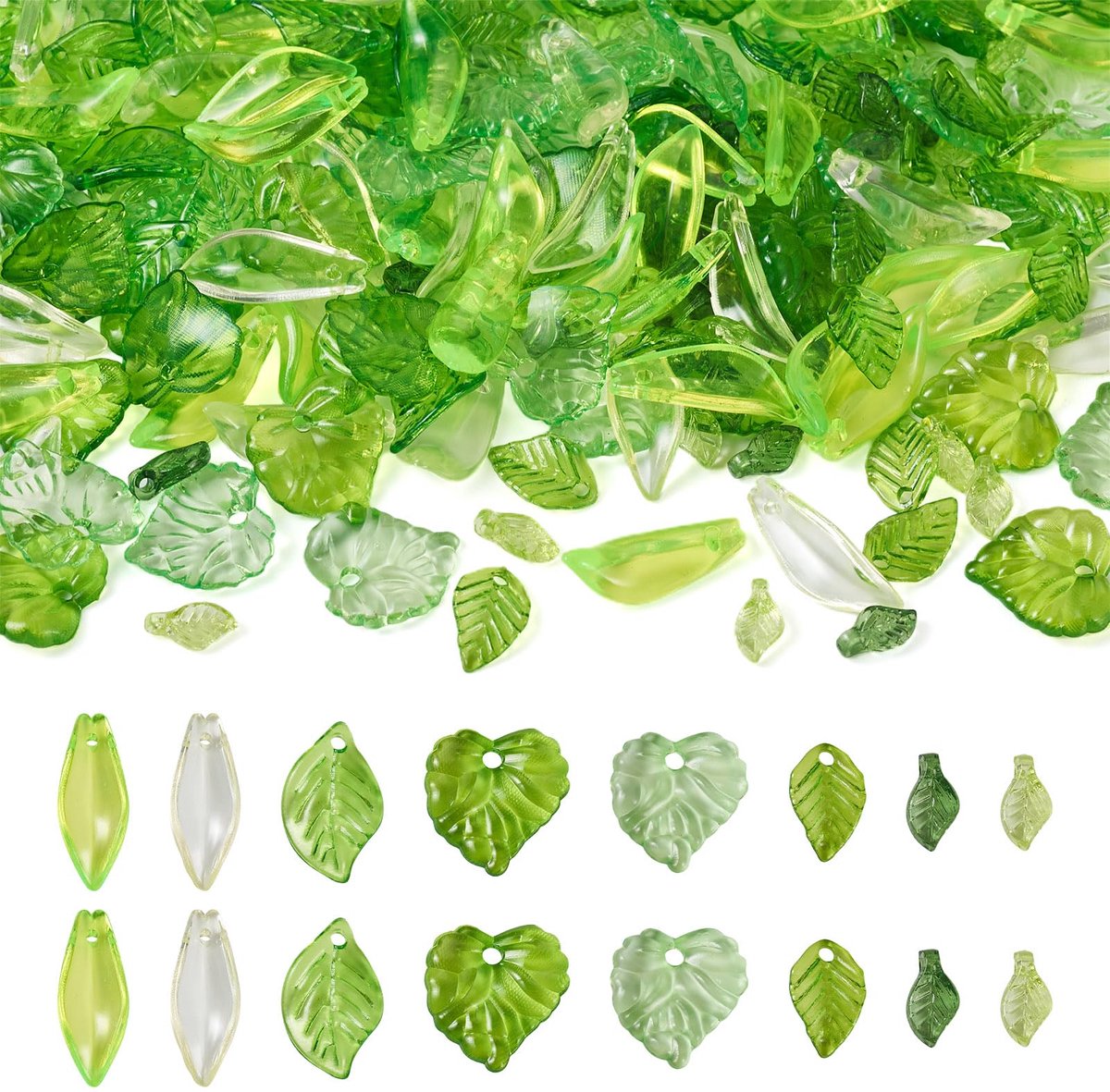 320 stuks transparante bladhangers heldere acryl groene charmes kralenkappen floreel voor het maken van sieraden armband ketting oorbellen