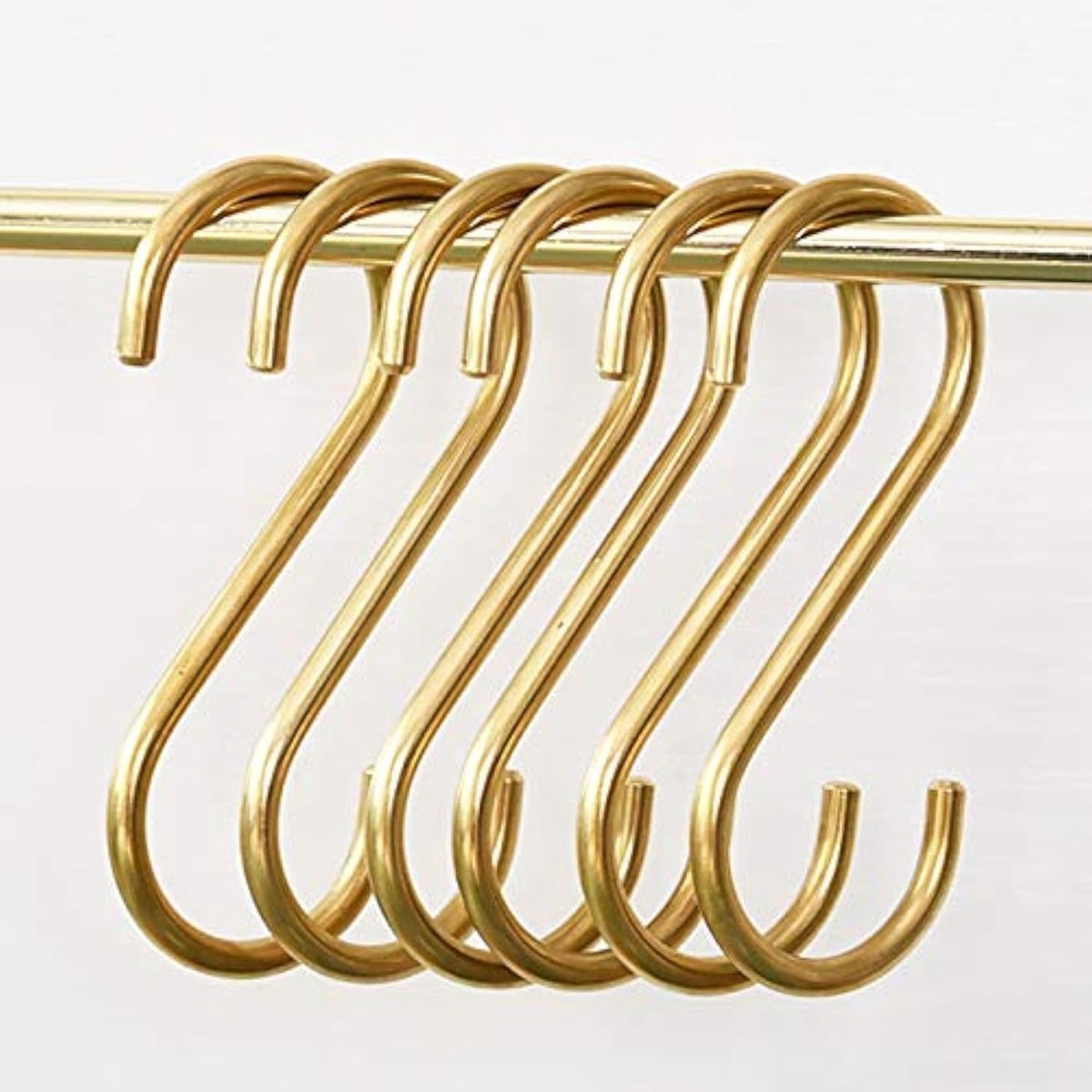 Verpakking van 6 S-vormige haken goud, S-vormige messing haken voor het ophangen van potten, pannen, koffiekopjes, ophanghaken voor keuken, badkamer, slaapkamer