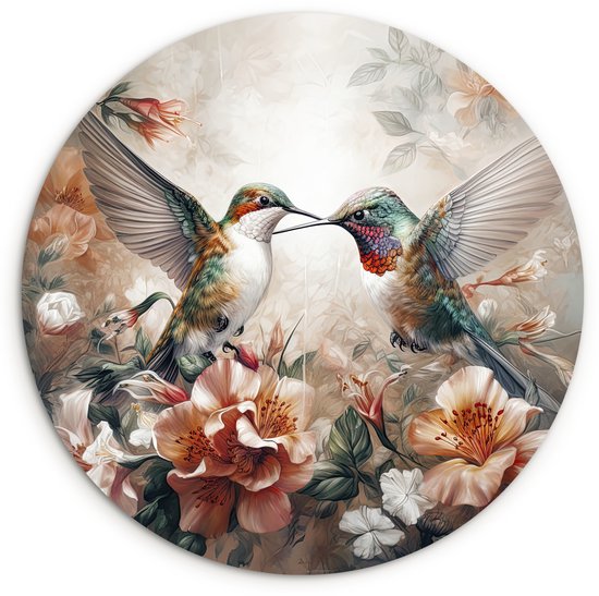 Ronde muurcirkel met twee kolibries in de vlucht, omringd door zachte perziken, witte en oranje bloemen.