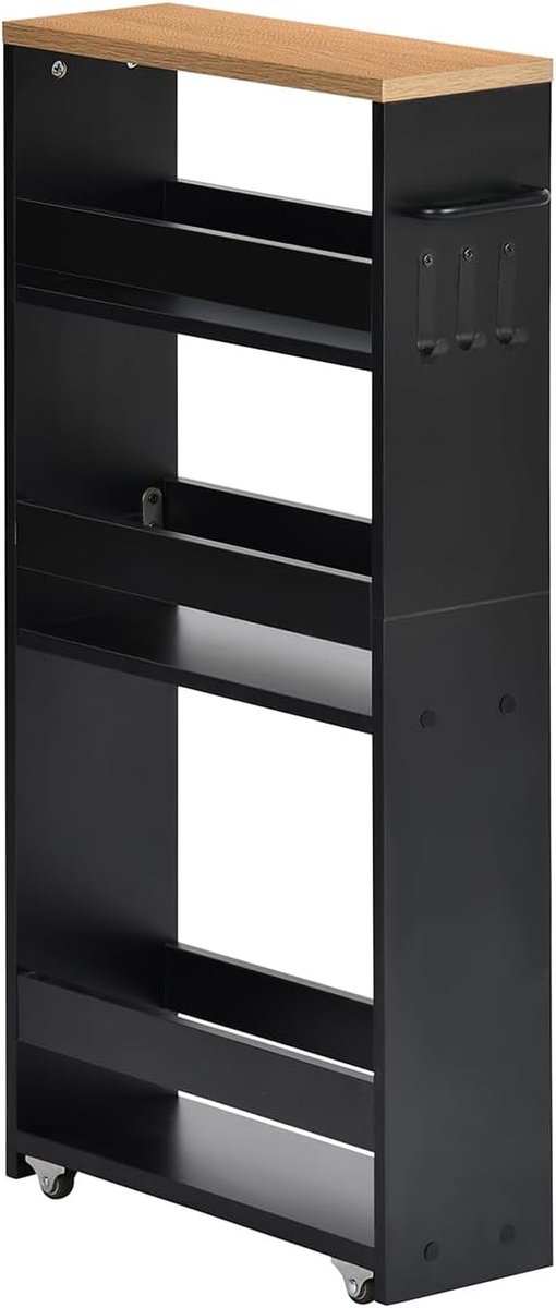 14 cm breed, 4 etages keukentrolley smal, nisrek op wielen, serveerwagen met handvat & leuningen, badkamerrek hout, voor keuken, badkamer, 40 x 14 x 80 cm, zwart + eiken kleuren