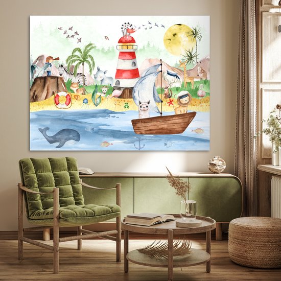 Poster kinderen - Wanddecoratie jongens - Strand - Dieren - Kinderen - Vuurtoren - Poster kinderkamer - 160x120 cm - Decoratie kinderkamers - Kinderkamer decoratie - Poster Babykamer — afbeelding 3