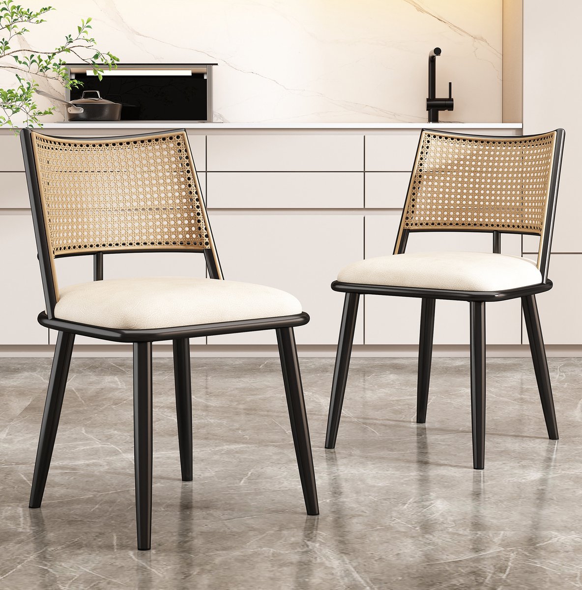 DESMIU Eetkamerstoel Set Van 2 - Pu Zitting En Rotan Rugleuning - Voor Eetkamer En Woonkamer - Metaal - Zwart