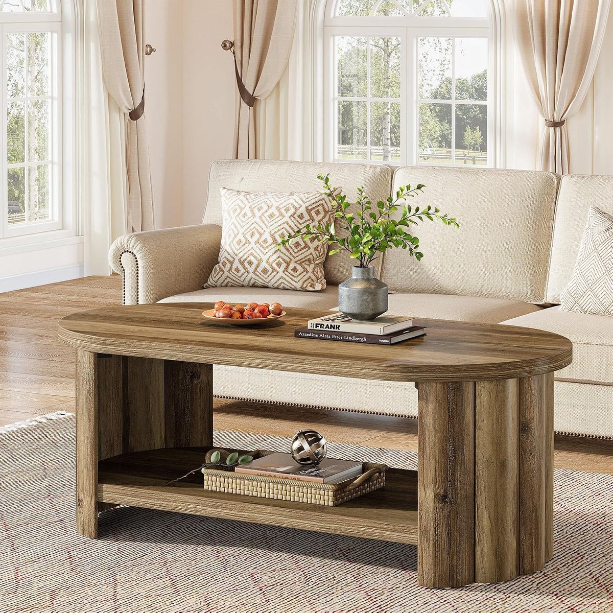 Tribesigns Ovale Salontafel - 120 x 60 x 45 cm - Salontafel met 2 niveaus en Opbergplank - Bruin