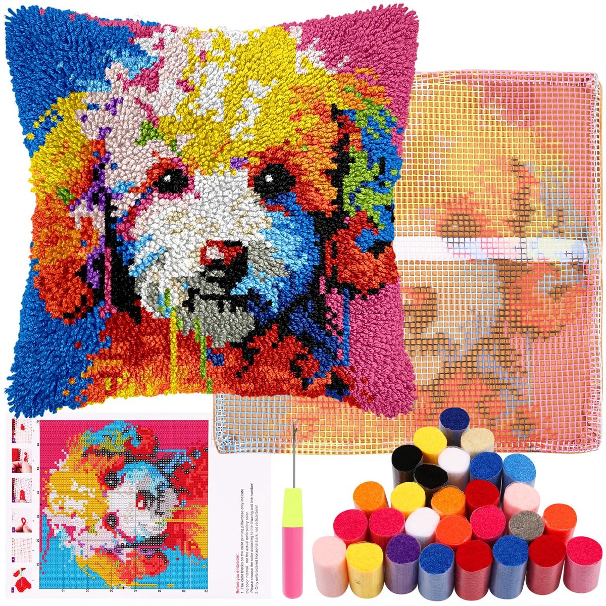 Kussenset voor kinderen of beginners volwassenen DIY klinkhaak kussenbeschermer tapijt borduurwerk set DIY knooptapijt knoopset voor thuis sofa decor 43x43cm (hond)