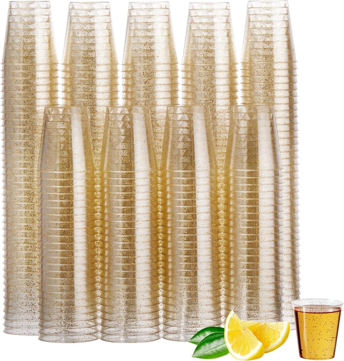 150 Plastic Shotglaasjes, Transparante Shotglazen met Gouden Glitter (30ml) - Borrelglaasjes voor Bruiloften, Verjaardagen, Kerst & Feesten - Stevig & Herbruikbaar