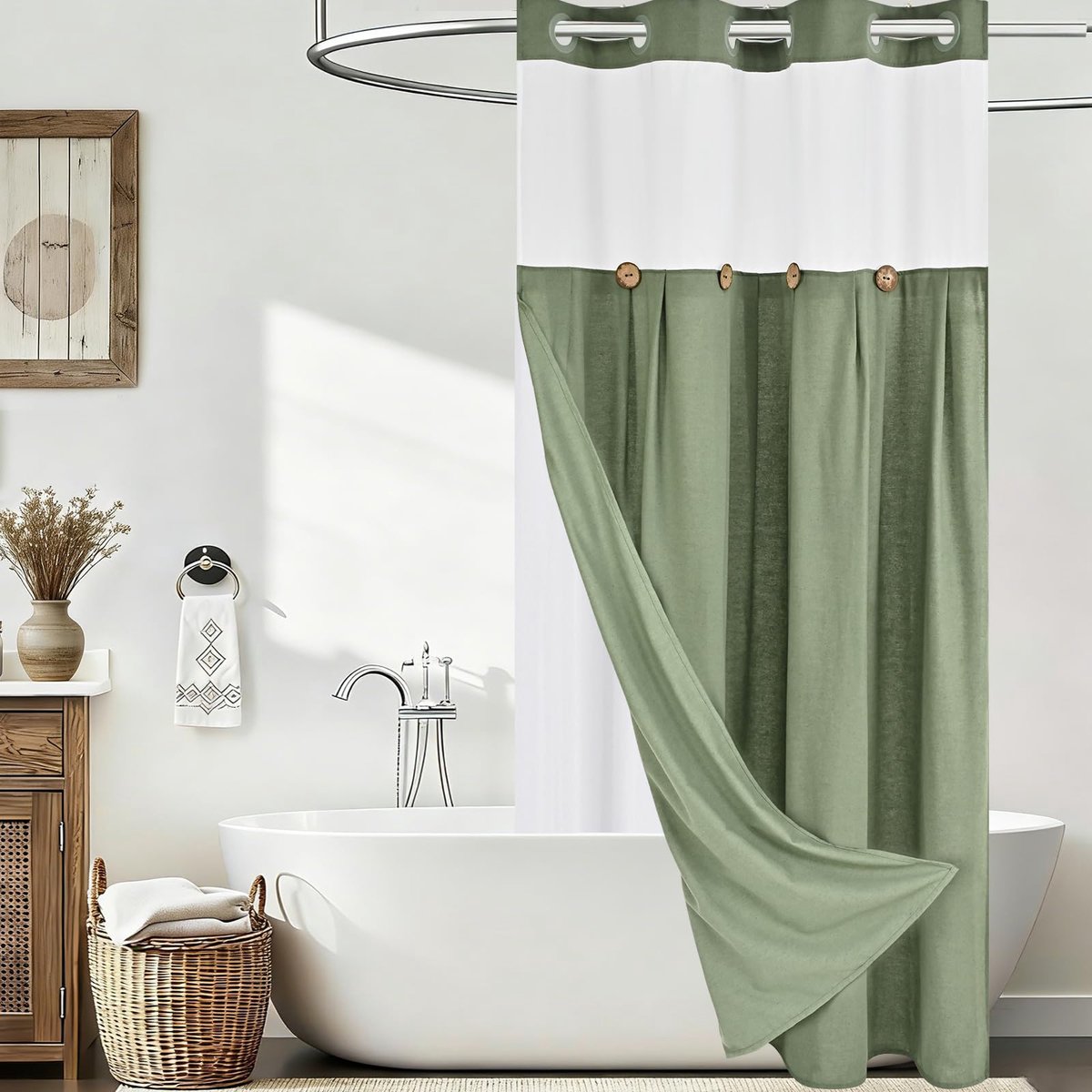 Douchegordijn, 120 x 205 cm, groen, antischimmel, textiel, badgordijn, wasbaar, douchegordijnen met gewicht, dubbellaags douchegordijn met drukknoopvoering en transparant venster