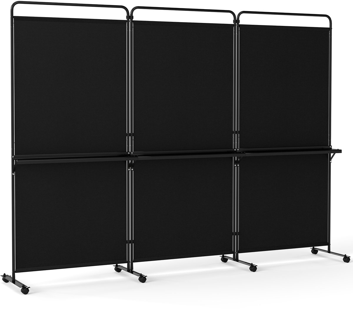 COSTWAY Paravent ruimteverdeler op wielen, opvouwbare scheidingswand, 3-delig, met 3 planken en metalen frame, inkijkbescherming voor kantoor, woonkamer, slaapkamer en tuin, 259 x 44 x 188 cm (zwart)