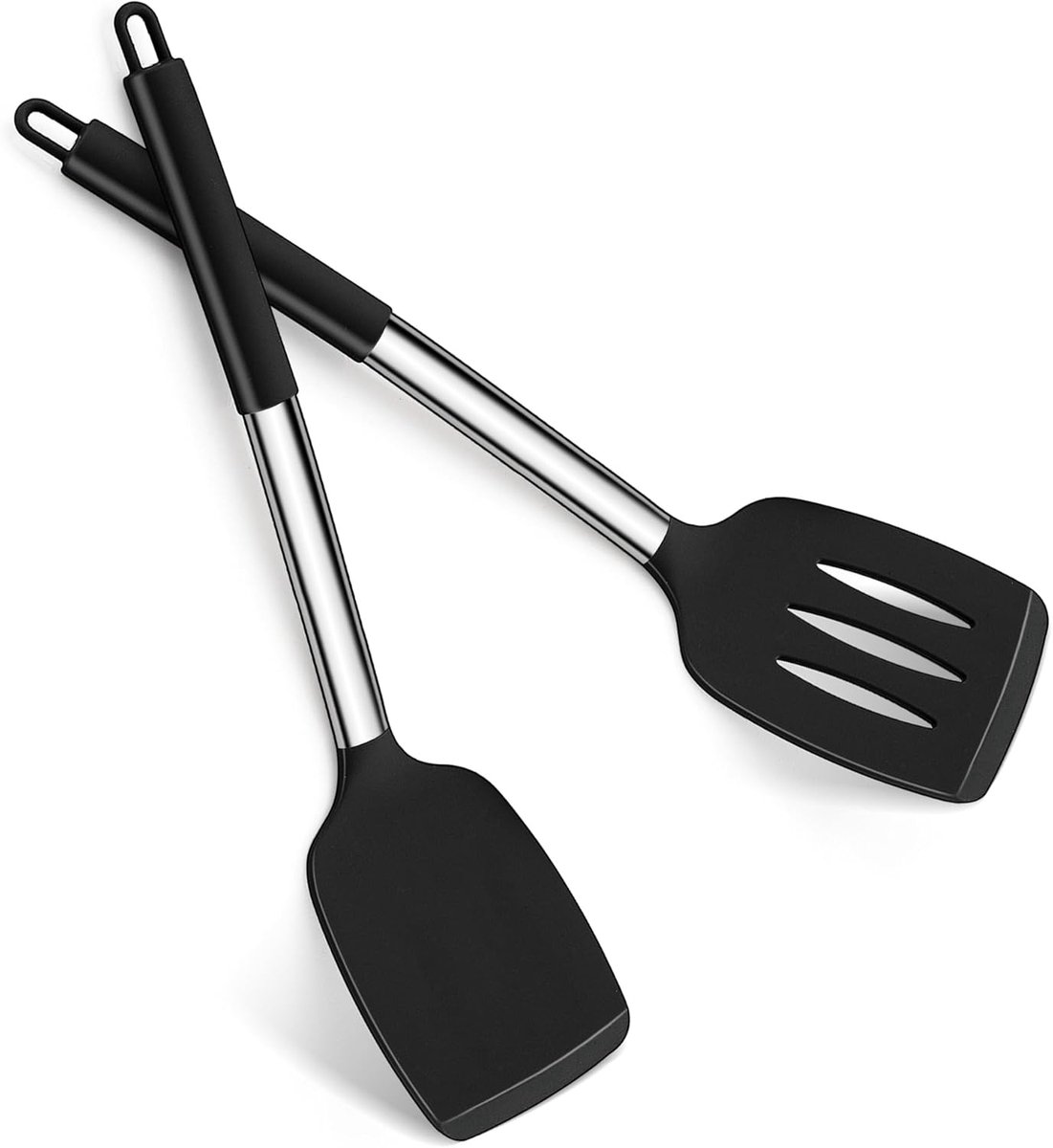 Spatelset, spatelset met handvat van roestvrij staal, hittebestendig keukengerei voor koken, bakken, draaien, vaatwasmachinebestendig - zwart