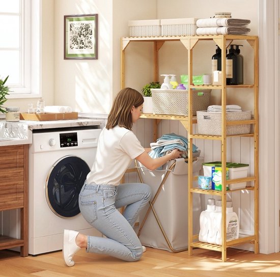 MEUNIQ wasmachinerek 100 x 40 x 157 cm met 7 open schappen, verstelbare zijplanken, boven wasmachine of droger, bamboe opbergrek voor wasruimte, Naturel — afbeelding 4