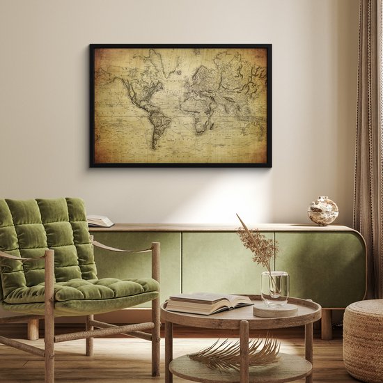 Poster in lijst - Fotolijst 90x60 cm - Posters - Wereldkaart - Vintage - Antiek - Bruin - Papier - Posterlijst zwart - Decoratie - Wanddecoratie woonkamer - Muurdecoratie slaapkamer