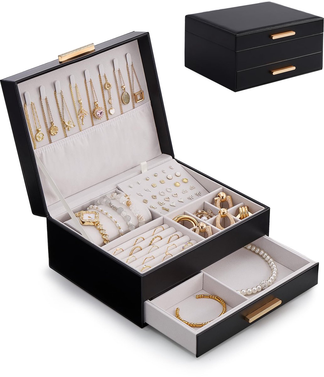 2-laags sieradendoos organizer voor vrouwen meisjes, sieraden opbergdoos houder met laden voor kettingen ring oorbellen armband horloge, geschenken voor Galentines Valentijnsdag vriendin vrouw