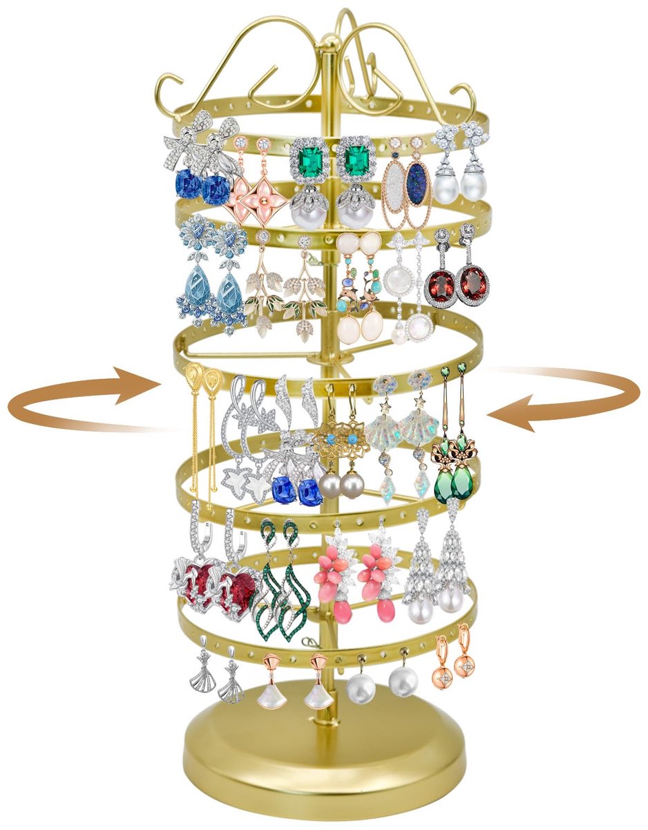 5 lagen roterende oorbel houder organizer, verstelbare oorbel stand organizer met 220 gaten, metalen sieraden display standaard voor vrouwen (goud)