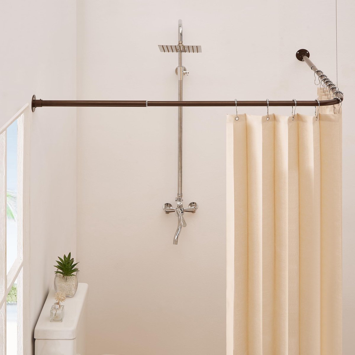 douchegordijn, 99-174 cm x 139-214 cm, verstelbaar, L-vorm, douchestang, 90 graden gebogen gordijnstang voor badkamer, bad met 12 ringen, haken en plafondhouder, koffie